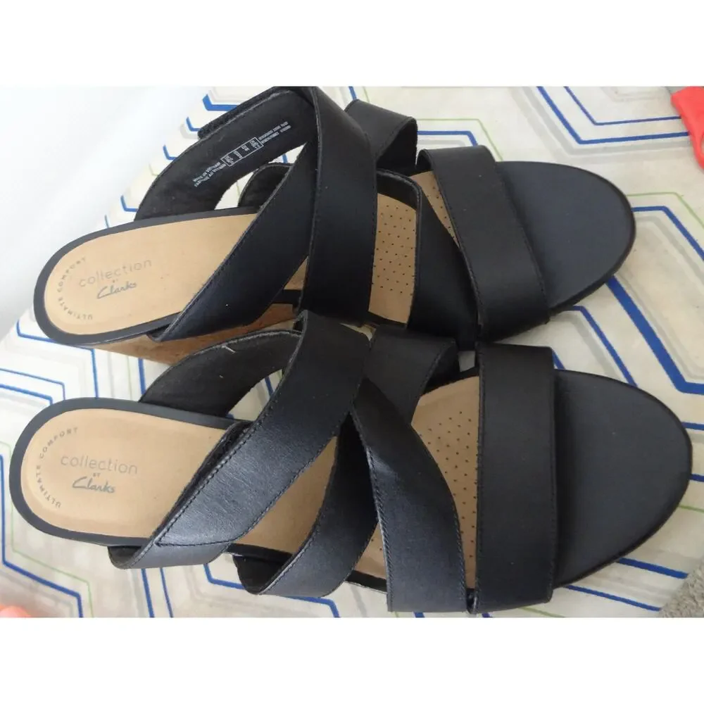 Clarks Margee Kate Black Leather Cork Wedge Sandal Hook Loop Womens 12 Strappy